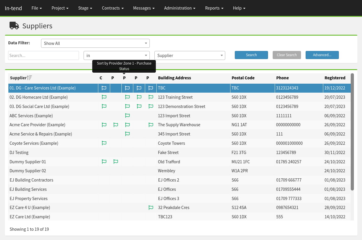 A screen shot of the Adult Social Care system which displays a supplier list with flags highlighting their current status.