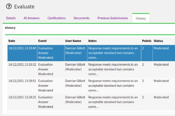 Product screen shot of evaluation audit history