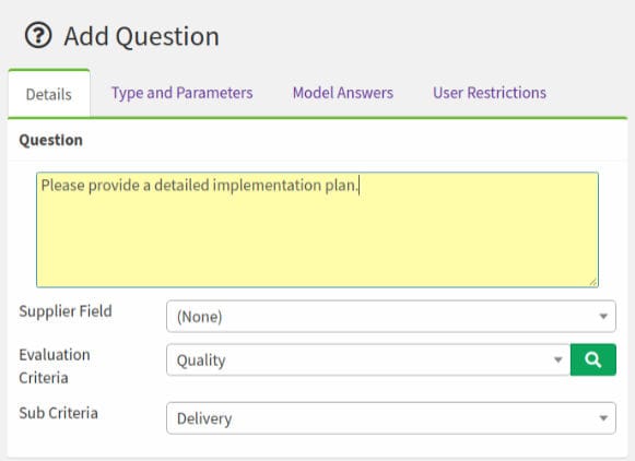 Screen shot of the product accepting customisable questions