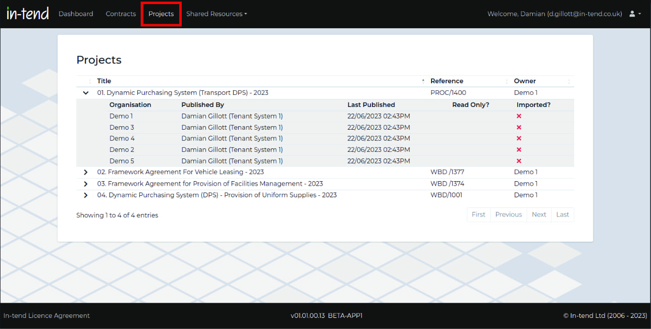 A screen shot of the In-tend Hub. The Projects nav item is highlighted and screen shows a table with a list of projects